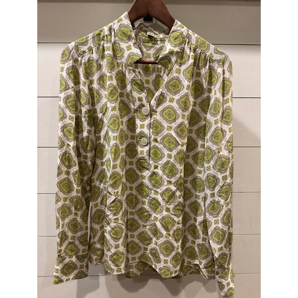 J.Crew Women 100% Silk Green Medallion Geometric Print Button Blouse Top Size 8